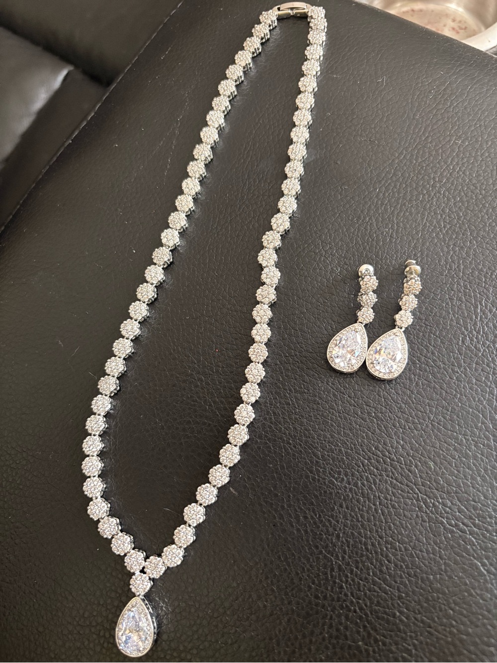 Silver Crystal Teardrop Necklace and Earring Set